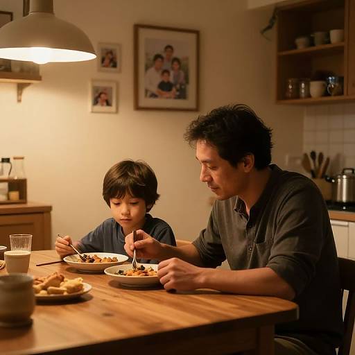 Photograph of a father and son eating dinner at a wooden table, warmly lit by a hanging lamp, in a cozy kitchen. Family photos on the