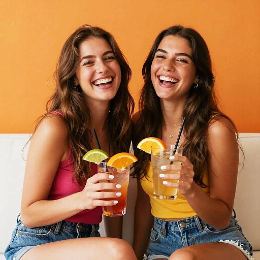 Photograph of two smiling women with long brown hair, wearing pink and yellow tank tops, denim shorts, holding colorful drinks with lime slices, against an