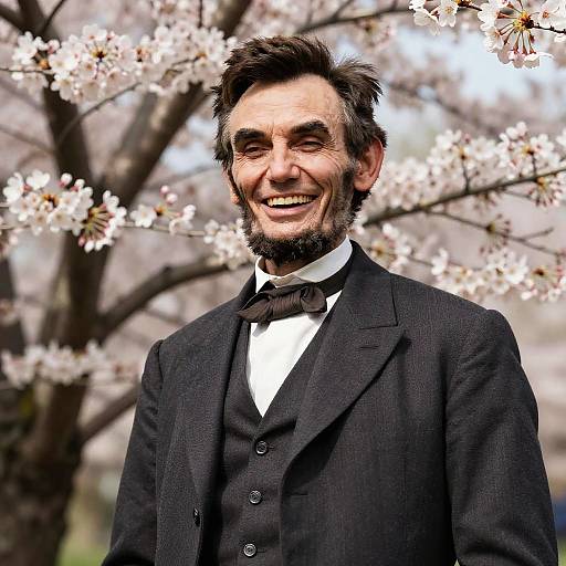 Photograph of a smiling man with dark, tousled hair and beard, wearing a black three-piece suit and bow tie, standing in front of blo