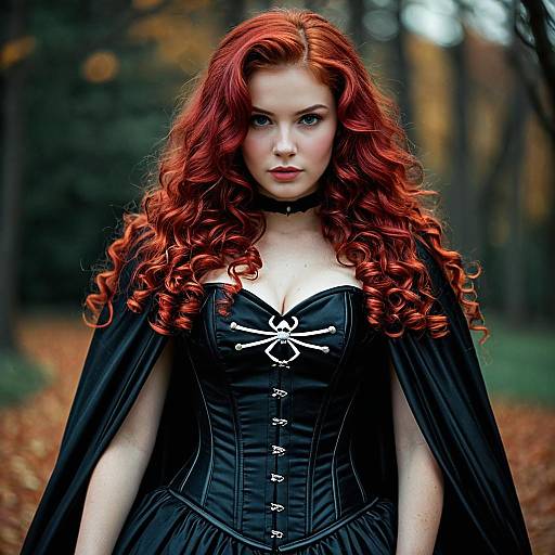 Woman in Halloween Vampire Costume with Red Curly Hair