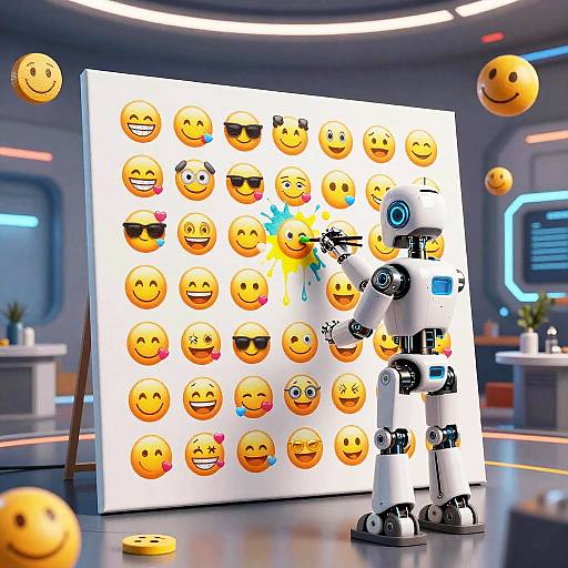 CGI image of a robot spraying paint on a white board with 24 yellow smiley faces, in a futuristic room with floating smileys.