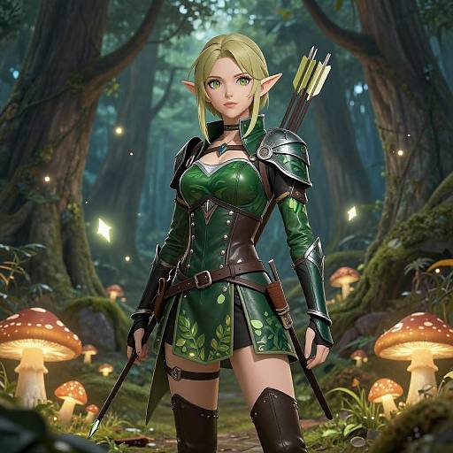 Digital fantasy artwork of a blonde elf woman with green eyes, wearing green armor and black thigh-high boots, standing in a magical forest with glowing mushrooms and