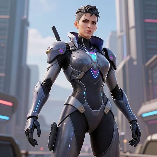 CGI image of a strong, short-haired woman in futuristic black armor with neon accents, standing confidently in a high-tech cityscape.