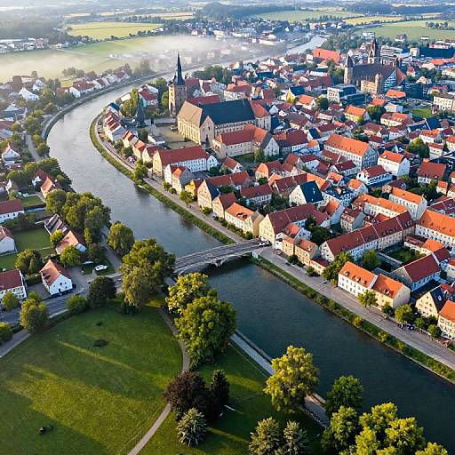 Aerial photograph of a charming European village with red-roofed houses, a winding river, and a church, surrounded by green fields.