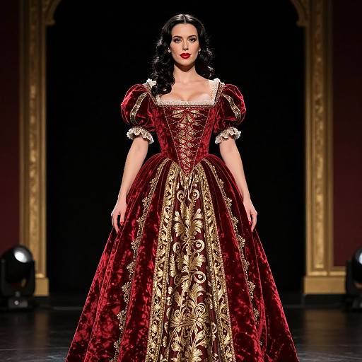 Photograph of a model in a lavish, red velvet, 18th-century-style gown with gold embroidery, black wavy hair, and red lipstick