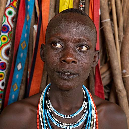 Photograph of a dark-skinned African man with shaved head, wearing multi-colored beaded necklaces, against a colorful, patterned background.