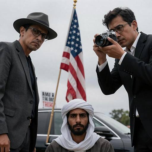 Dramatic Scene of Three Men Photographing