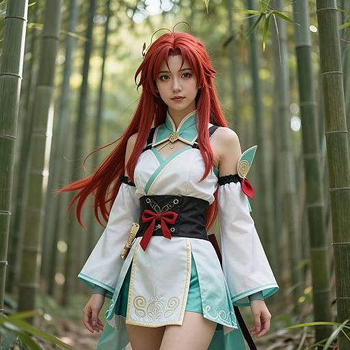 Photorealistic CGI of an anime-style woman with long red hair, wearing a white and teal traditional Chinese-inspired outfit, standing in a bamboo forest.