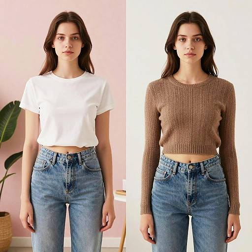 Photograph of a young woman with straight brown hair, wearing a white t-shirt and blue jeans on the left, and a brown knit sweater and same