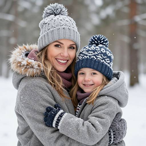 Photograph of a smiling mother and daughter hugging in a snowy forest, both wearing gray winter coats and knit hats with pom-poms.