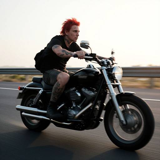 Photograph of a red-haired, tattooed biker with spiky hair, wearing black clothes, riding a black motorcycle on a highway.