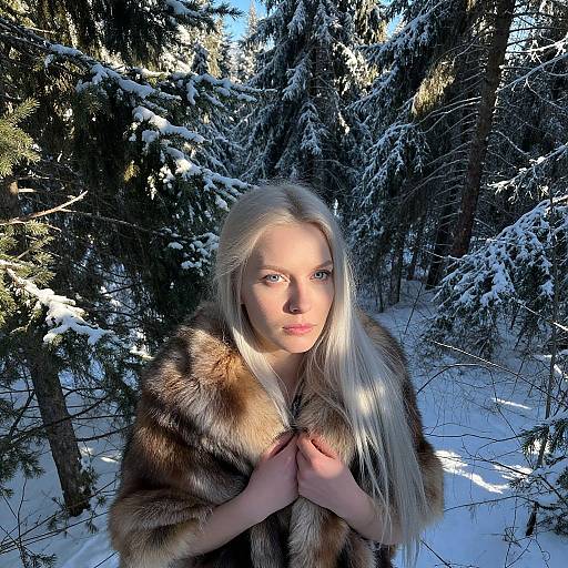 Photograph of a blonde woman with fair skin, wearing a brown fur coat, standing in a snowy forest with snow-covered trees.