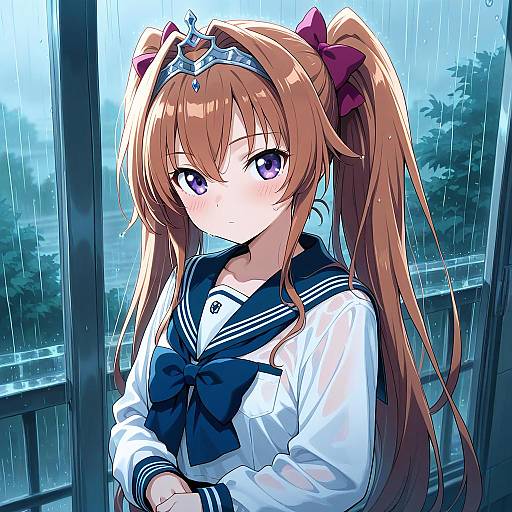 Anime-style digital artwork of a cute, brown-haired girl with purple eyes, wearing a school uniform and tiara, standing in the rain by a window