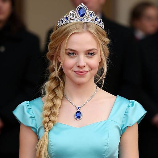 Photograph of a young blonde woman with a braided hairstyle, wearing a silver tiara, blue satin dress, and blue gemstone necklace, smiling