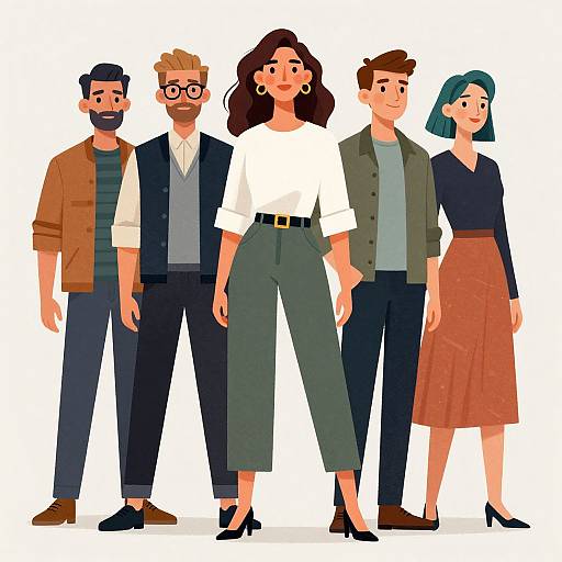 Digital illustration of five diverse, stylish adults standing together: three men, two women, wearing modern, professional attire with varied colors and textures.