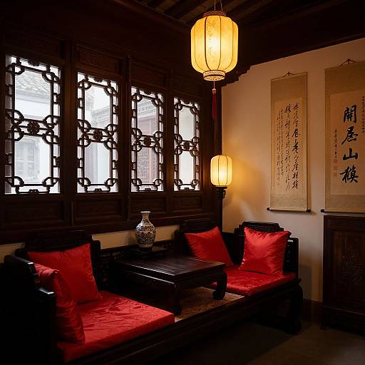 Traditional Chinese room photograph: dark wood furniture, red cushions, ornate window grilles, hanging lanterns, calligraphy scrolls, and a patterned