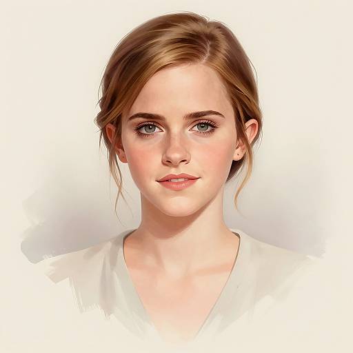 Digital portrait of a fair-skinned, blue-eyed woman with light brown hair in a loose bun, wearing a white top, against a white background.