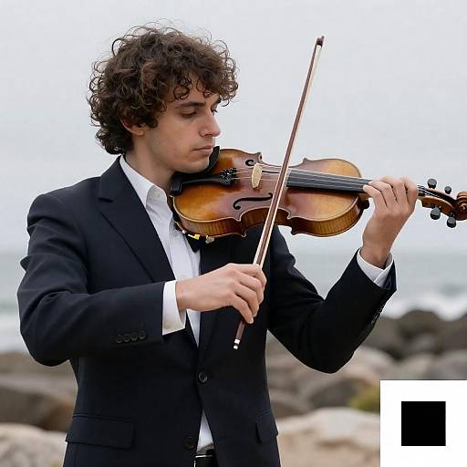 Curly-Haired Violinist in Dark Suit Outdoors
