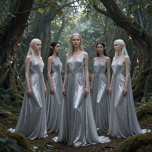 Photorealistic CGI image of five ethereal, silver-haired elf women with pointed ears, wearing shimmering silver dresses, standing in a mystical forest with