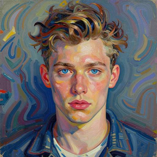 Vibrant digital portrait of a young man with blue eyes, tousled brown hair, and pinkish skin, set against a swirling blue and purple