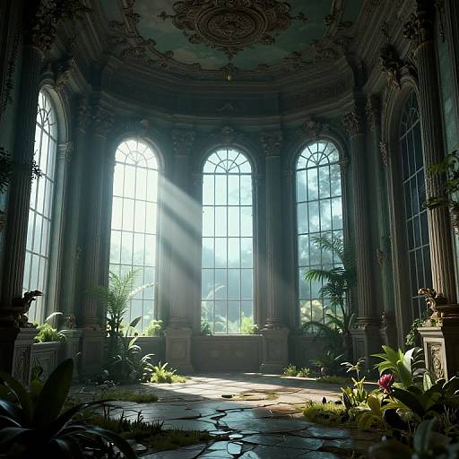 Photorealistic digital art of an ornate, sunlit, abandoned greenhouse with tall arched windows, sunlight streaming, and overgrown plants on a