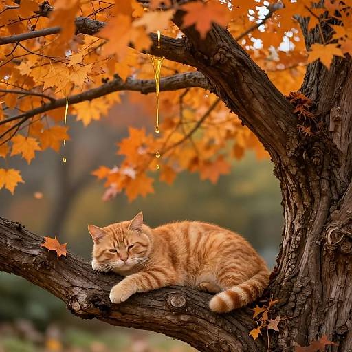 Photograph of an orange tabby cat lounging on a gnarled tree branch with vibrant orange autumn leaves, golden droplets hanging from the branches