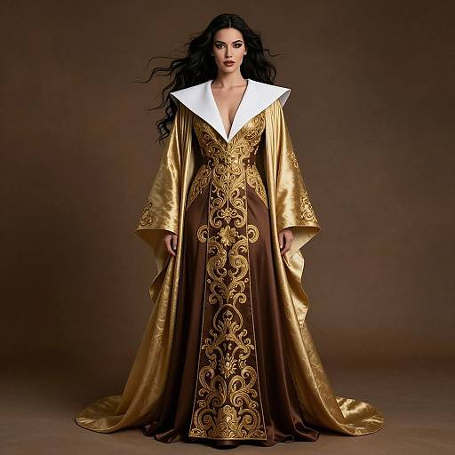 Photograph of a dark-haired woman in a gold and brown ornate medieval gown with a white collar, standing against a brown background.
