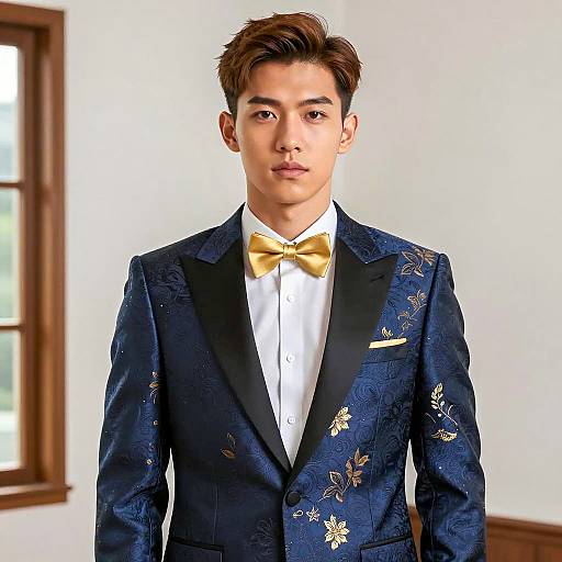 Young Asian Man in Ornate Navy Blue Suit