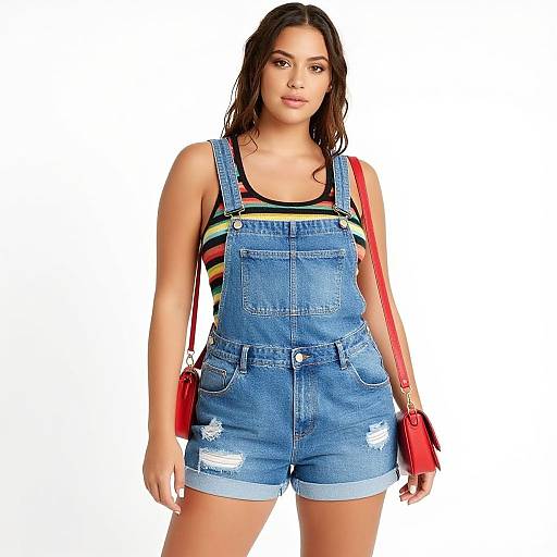 Photograph of a young woman with long brown hair, wearing blue denim overalls, a striped tank top, and a red crossbody bag.