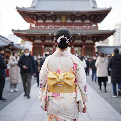 Photograph of a Japanese woman in a white floral kimono with yellow obi, facing traditional temple, surrounded by people.