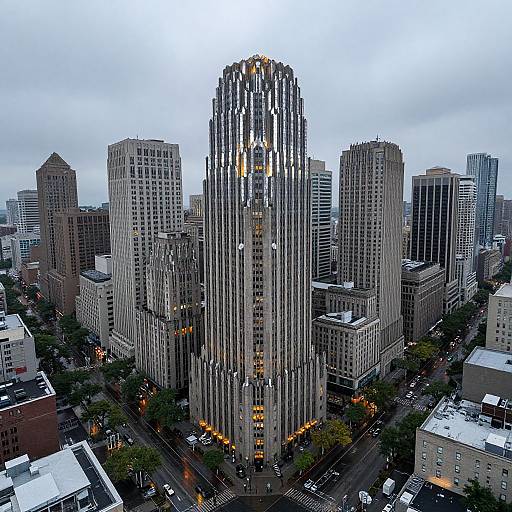 Photograph of a towering, illuminated skyscraper with vertical white stripes, surrounded by other modern high-rises, taken from an aerial perspective during an over