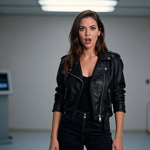 Photograph of a surprised brunette woman with long hair, wearing a black leather jacket and black top, standing in a brightly lit, minimalist room.