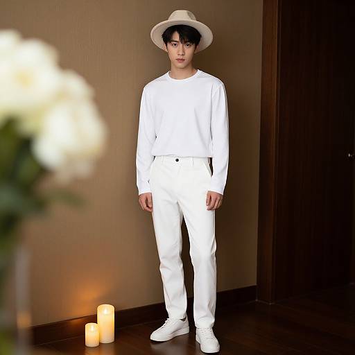 Photograph of a young man with pale skin, black hair, wearing a white long-sleeve shirt, pants, and hat, standing against a