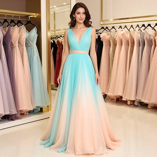 Photograph of a brunette woman with wavy hair in a light blue, sleeveless, V-neck gown, standing in a brightly lit dress store with