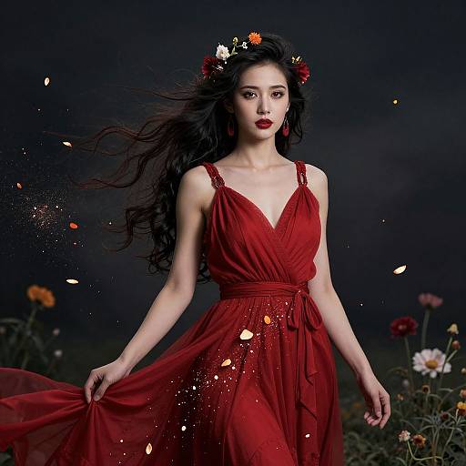 Intricate Woman in Red with Flowers