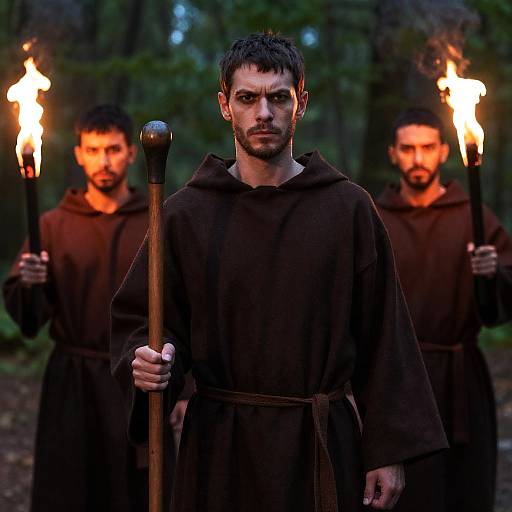 Mysterious Man in Forest with Torches