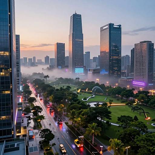 Photograph of a modern cityscape at dusk, featuring tall skyscrapers, a misty green park, and illuminated streets with moving cars.