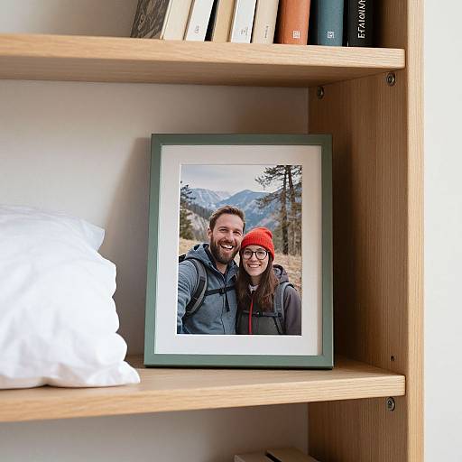 Photograph of a smiling couple in winter clothing, framed in green, on a wooden shelf with books and white fabric.
