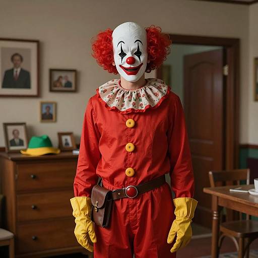 Clown Character in Dimly Lit Room