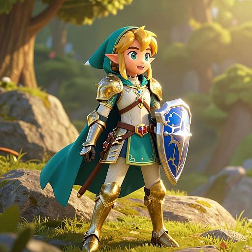 CGI image of a smiling, blonde, elf-like character in shiny gold armor, teal cap, and green tunic, holding a blue shield,