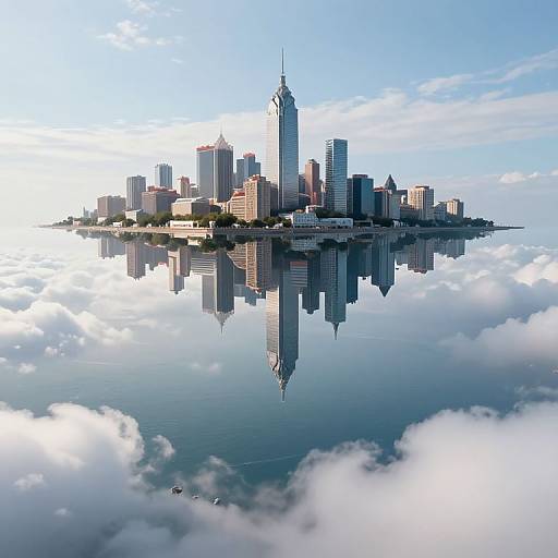 Digital artwork of a floating cityscape with tall skyscrapers, reflecting perfectly on a cloud-covered body of water below.