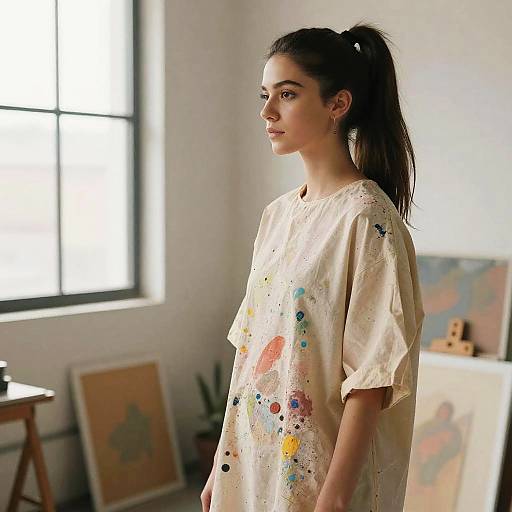 Female Artist with High Ponytail in Paint-Splattered Smock