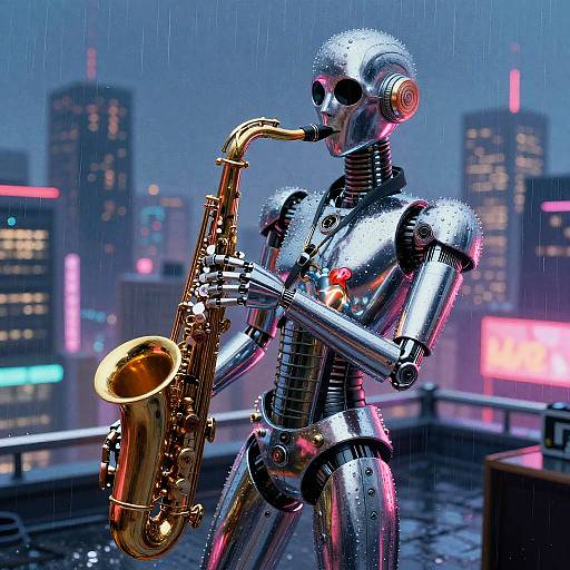 Retro-Futuristic Robot Saxophonist on Neon Rooftop