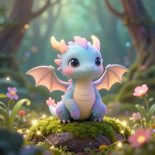 Cute, blue and white digital dragon with pink horns and wings sits on mossy rock in enchanted forest, surrounded by glowing fairy lights and colorful flowers
