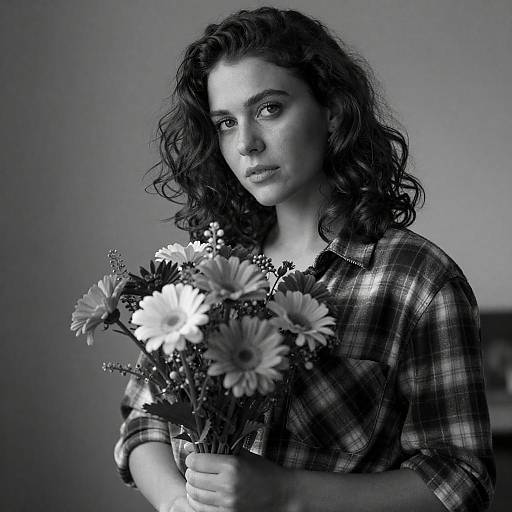 Introspective Woman with Flowers in B&W