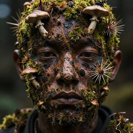 Dark Surreal Moss-Covered Face Close-Up
