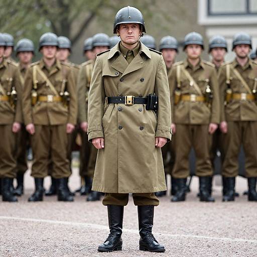 Photograph of a young Asian soldier in a khaki trench coat and black helmet, standing front-center among a line of similarly dressed soldiers, outdoors.