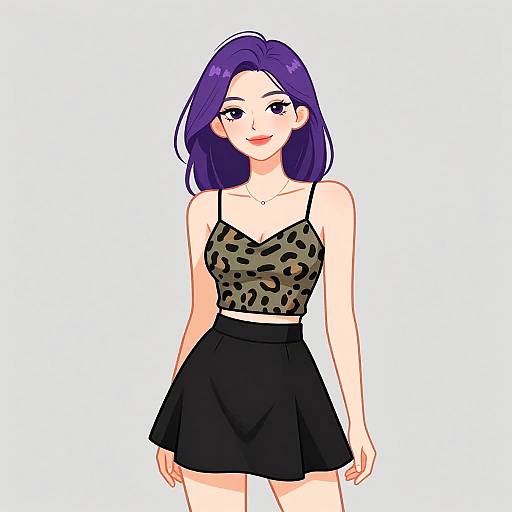 Digital anime-style illustration of a smiling woman with purple hair, wearing a leopard-print crop top and black skirt, standing against a white background.