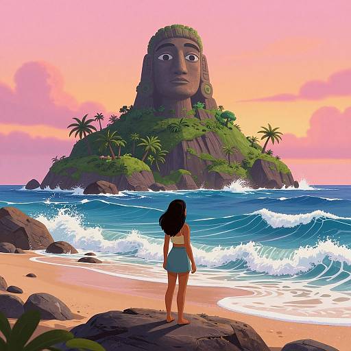 Digital illustration of a young girl with black hair in a blue dress, standing on a rocky beach, facing a giant, face-like island with lush green