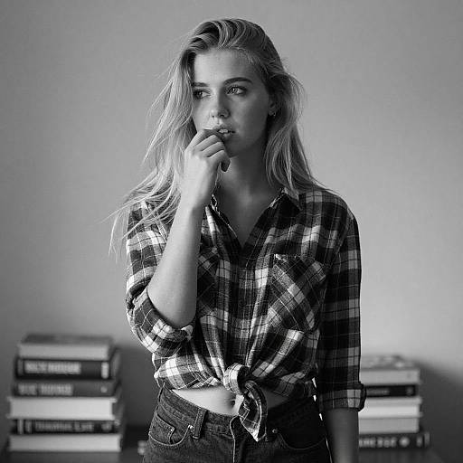 Thoughtful Young Woman in Plaid